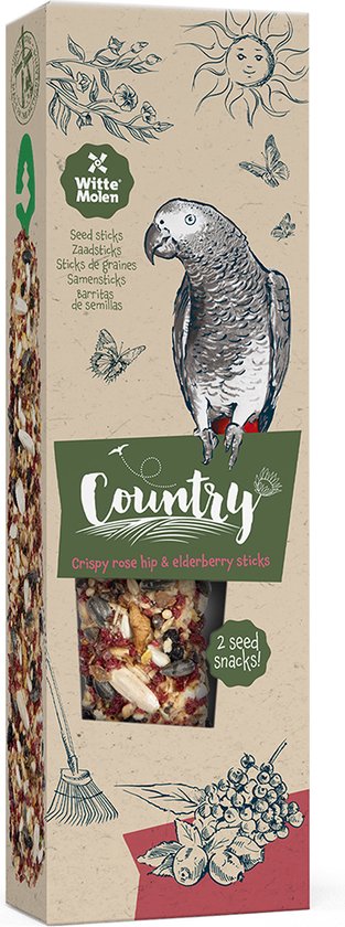 Verpakking van Witte Molen Country Crispy rozebot & vlierbes zaadsticks, met een illustratie van een grijze papegaai.
