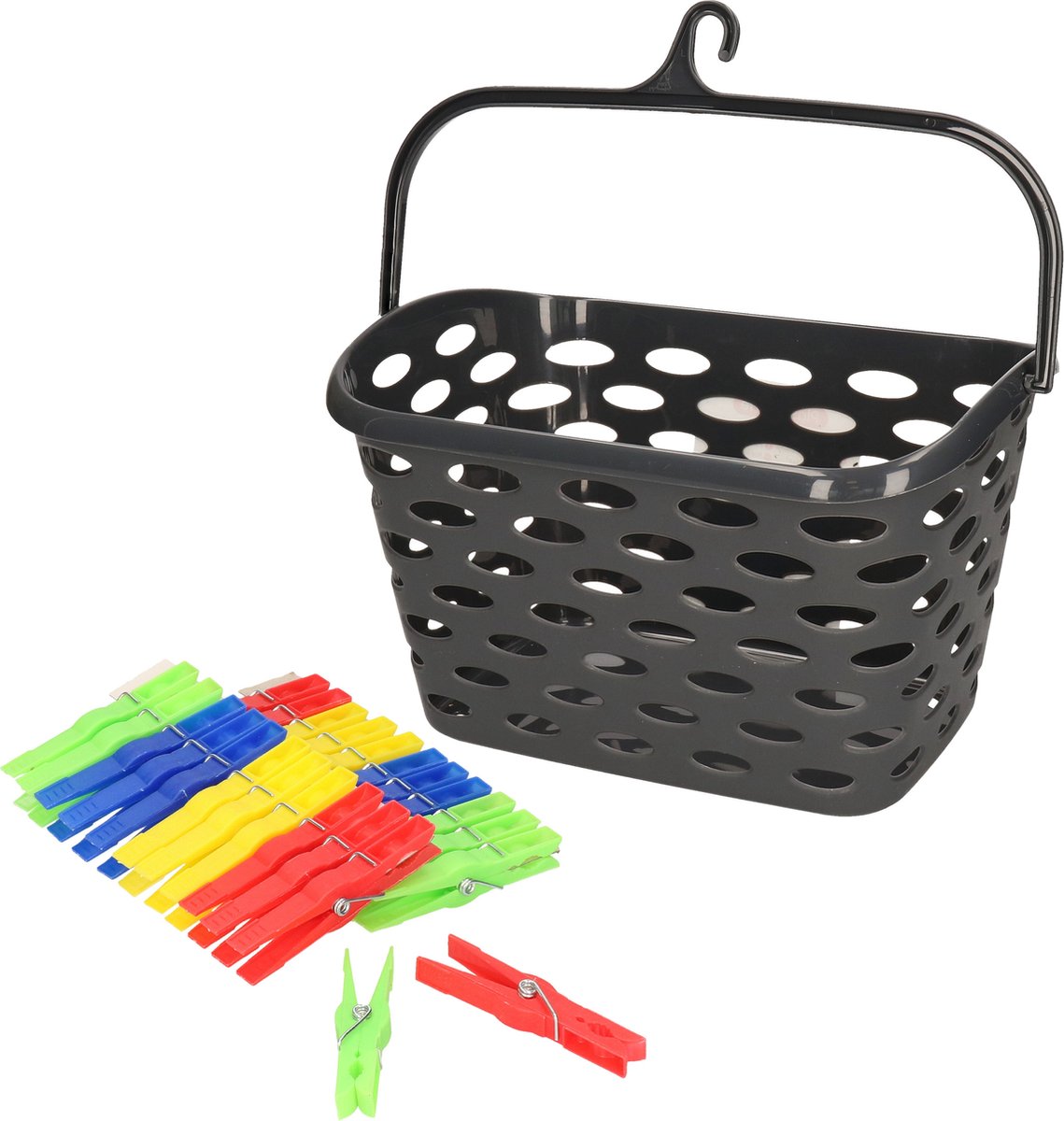 Plasticforte Wasknijpers ophang mandje/bakje - zwart - met 72x plastic knijpers