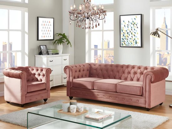 Driezitsbank en fauteuil CHESTERFIELD - fluweel - pastel roze L 205 cm x H 72 cm x D 88 cm