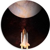 Dibond Muurcirkel - Wit met Oranje Raket onderweg naar Planeet - 60x60 cm Foto op Aluminium Muurcirkel (met ophangsysteem)