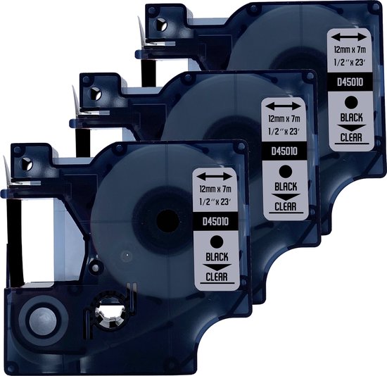 DULA® plastique Étiquettes D1 45010 pour DYMO LabelMANAGER - Zwart sur Transparent - 12 mm x 7 m - S0720500 Étiquette Tape - 3 Pack