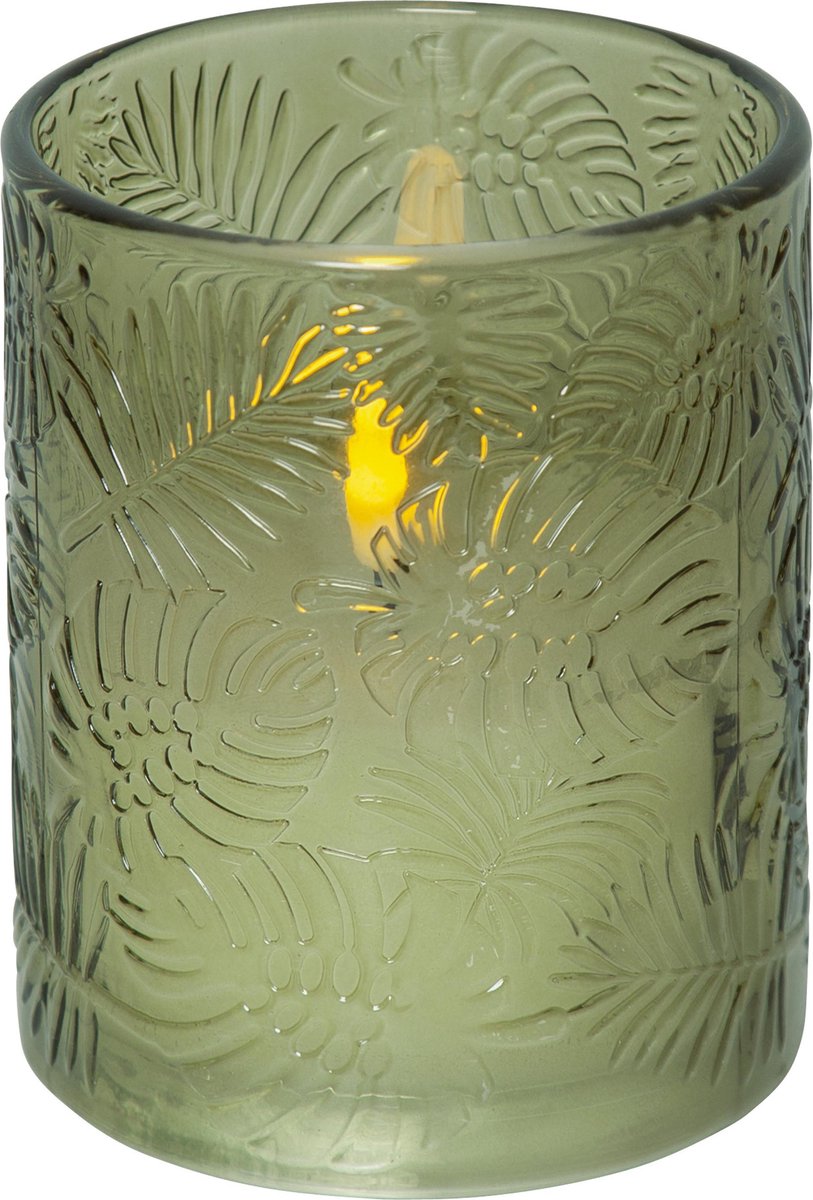 Star Trading , Flame Leaf, LED kaars wit, glas groen, was, natuurlijke vlam, 10x12,5 cm Groente