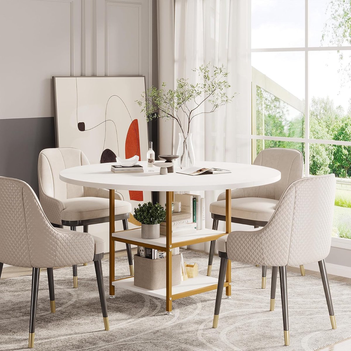Ronde eettafel, eettafel voor 4 personen, 120 x 75 cm (diameter x h), industriële stijl, houten keukentafel voor thuis, woonkamer, goud en wit