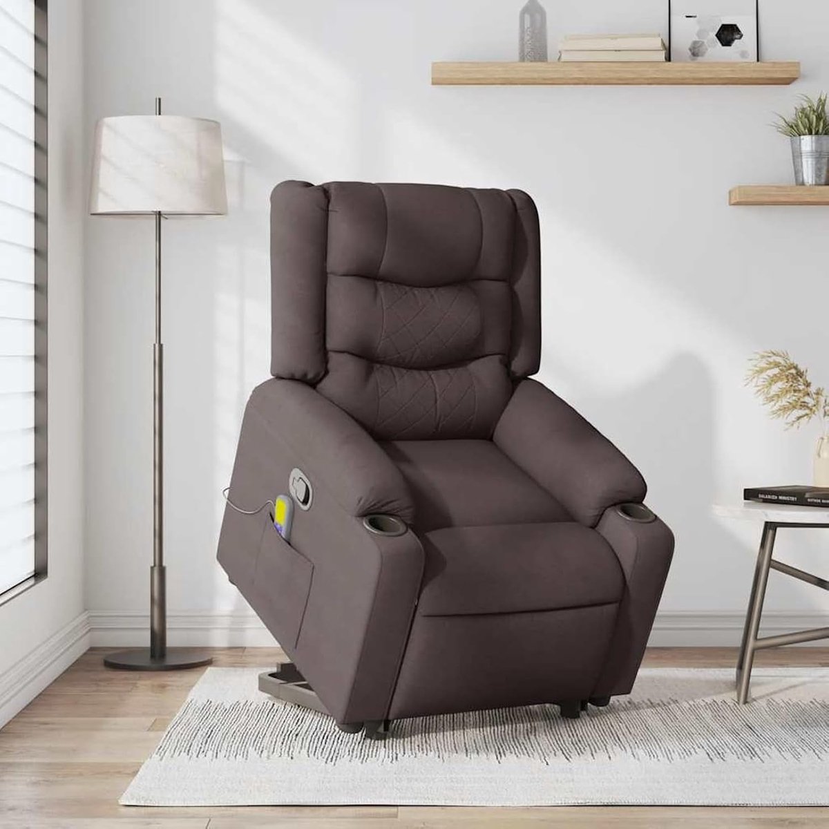 Massagestoel met opstahulp donkerbruin stof, fauteuil woonkamer televisiestoel ligstoel voor ontspanning thuiskantoor leeshoek 3310270