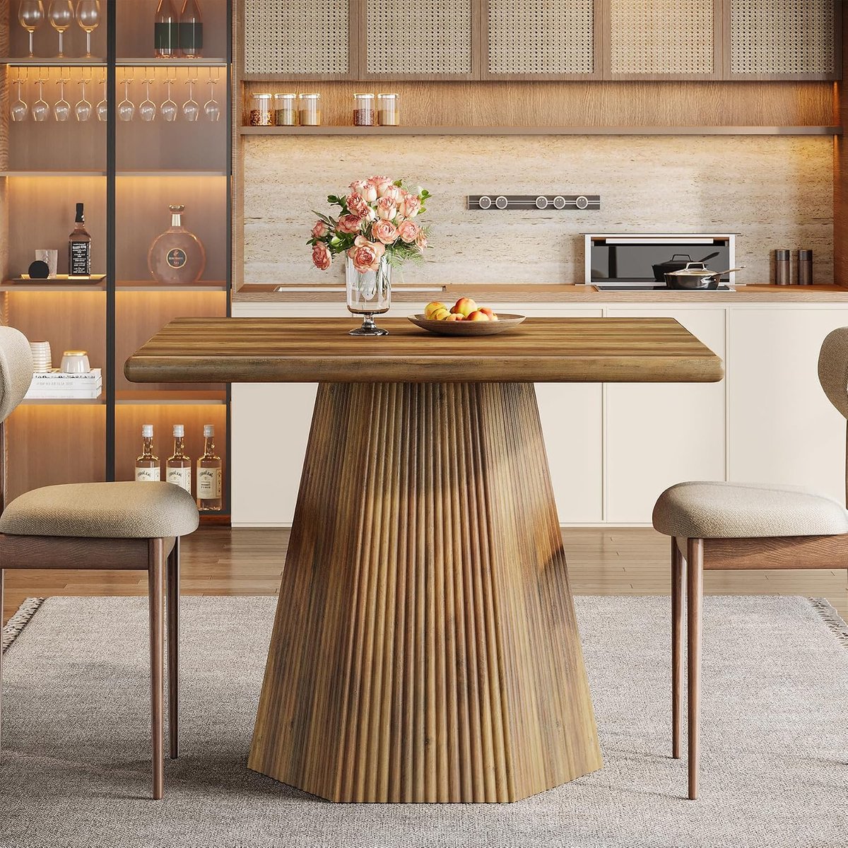 Eettafel voor 4 personen, vierkante keukentafel in boerderijstijl met robuuste centrale voet, 80 × 80 × 85 cm, van hout voor keuken, eetkamer, woonkamer, rustiek bruin