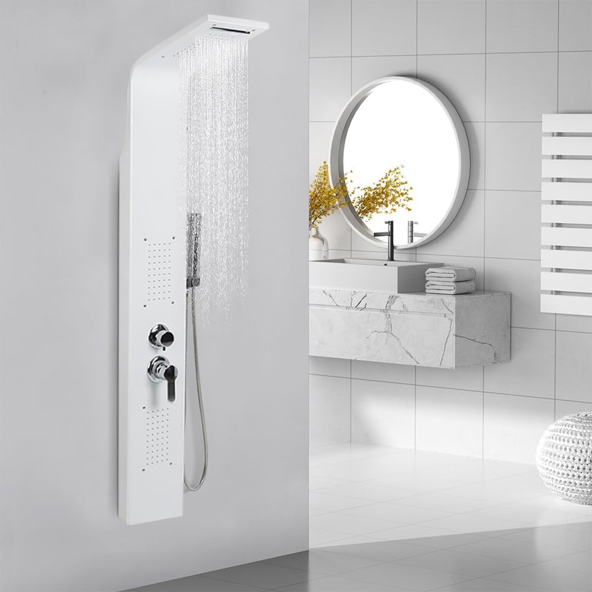 Douchezuil met hydromassage, verstelbare douchezuil voor het veranderen van temperatuur en waterstroom, douchepaneel van roestvrij staal, 7 x 20 x 140 cm, wit