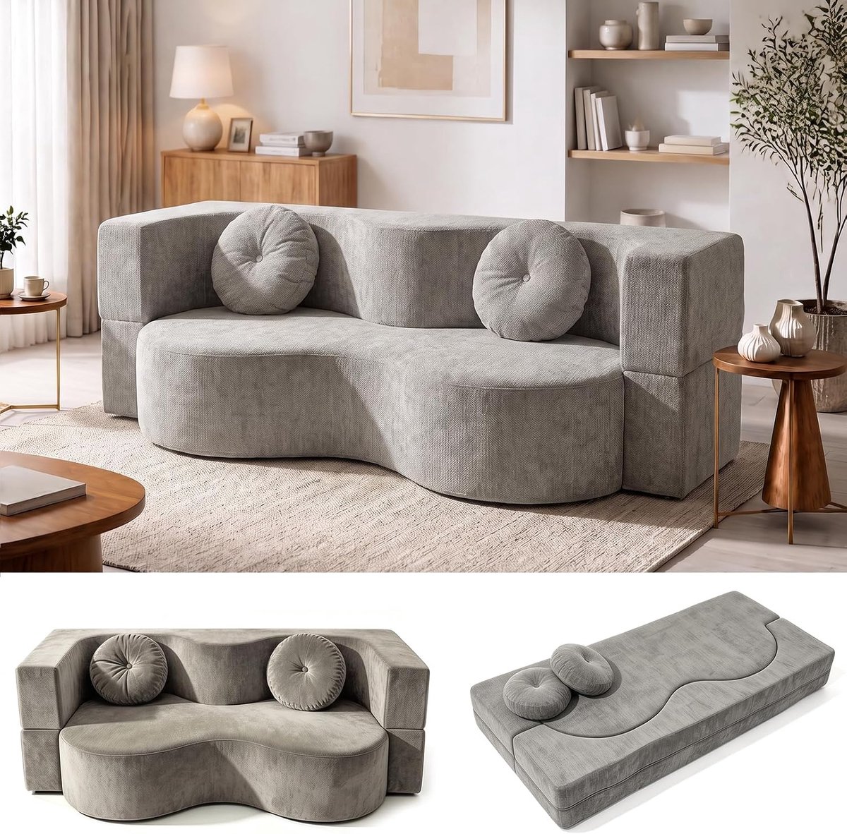 Zonder been, converteerbare slaapbank voor woonkamer, gecomprimeerd loveseat schuim met hoge dichtheid afneembare geweven stof, geen montage met 2 kussens (grijs, 150 x 100 cm)