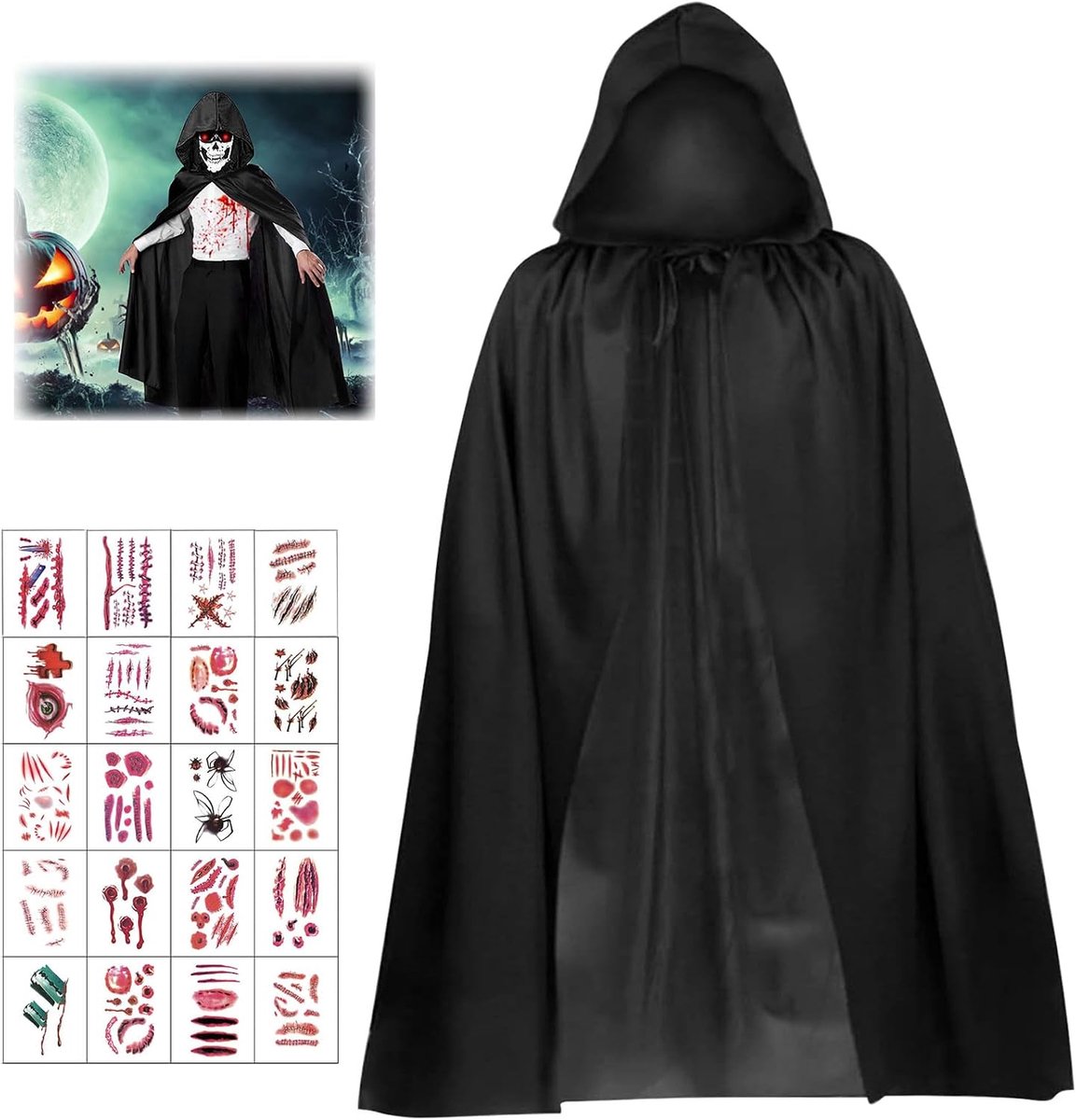 Kostuumset, Halloween-cape, zwarte cape met capuchon, kostuum Magere man met 20 Halloween symporaire tatoeages, vampierkostuum voor Halloween, party, cosplay, leeftijd 4-12 jaar