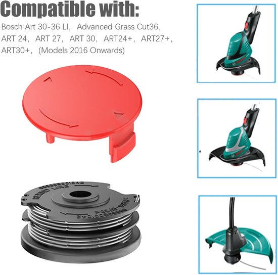 2 stuks Ø 1,6 mm - 6,1 m grastrimmer reservespoel + 1 spoelafdekking voor grastrimmer Bosch ART 30-36 LI, Advanced Grass Cut 36, ART 24, ART 27, ART 30, ART24+, ART27+, ART30+ (2 spoelen + 1 dop) — afbeelding 4