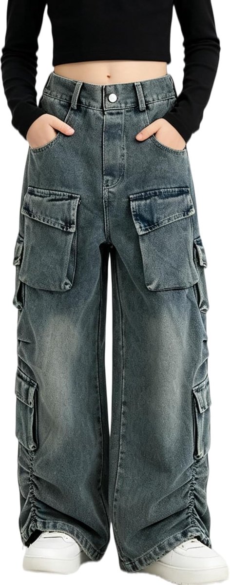 Baggy cargobroek voor meisjes met elastische hoge taille, rechte streetwearbroek met wijde pijpen en meerdere zakken