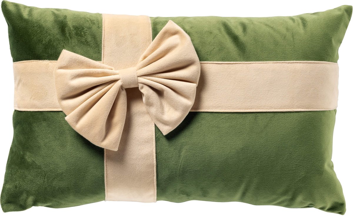 CUDDLE-GIFT - kussenhoes 30x50 cm - fluweel - cadeaustrik - Bronze Green - groen, beige