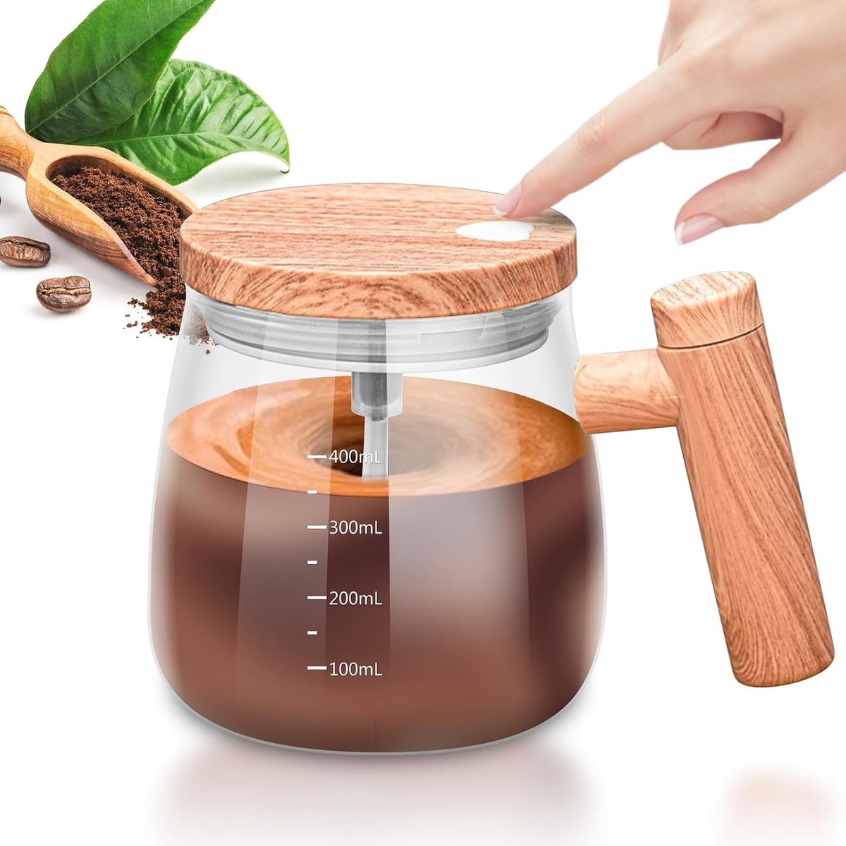 Mok, 400 ml, zelfroerende mok, automatische roerbeker, draagbare glazen zelfroerende beker, mengkoffiebeker met deksel, elektrische roerbeker voor koffie, melk, heet, chocolade