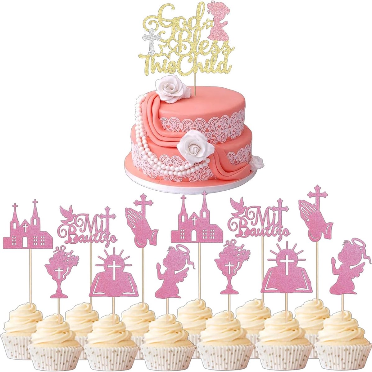 Communie - 7 Stijlen, 13 Stuks - Meisjes Communie Cake Topper Set, Inclusief 1 Groot Cake Topper en 12 Kleine Cupcake Toppers in Roze