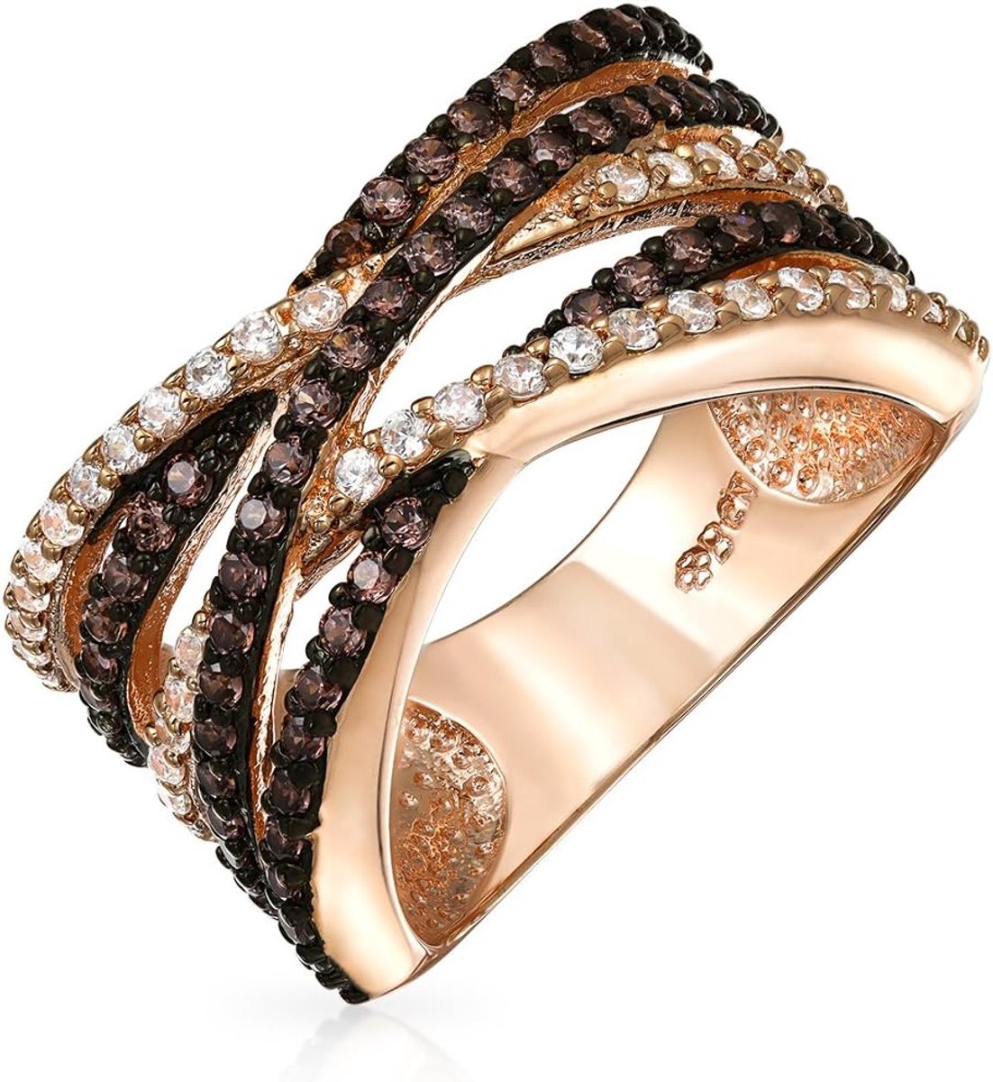 Jewelry Crossover Statement Criss Cross Two Tone Bruin Koffie Pave AAA CZ Statement Band Ring Voor Vrouwen Rose Goud Plated Messing
