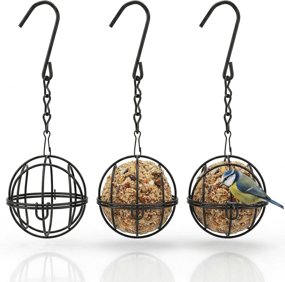 3 vogelvoederhouders, metalen met ketting, maïsknoedelhouder, maïsballethouder, balkonleuning, vogelvoederdispenser, wilde planten uit de tuin, voederdispenser vogels, voederstation vogels