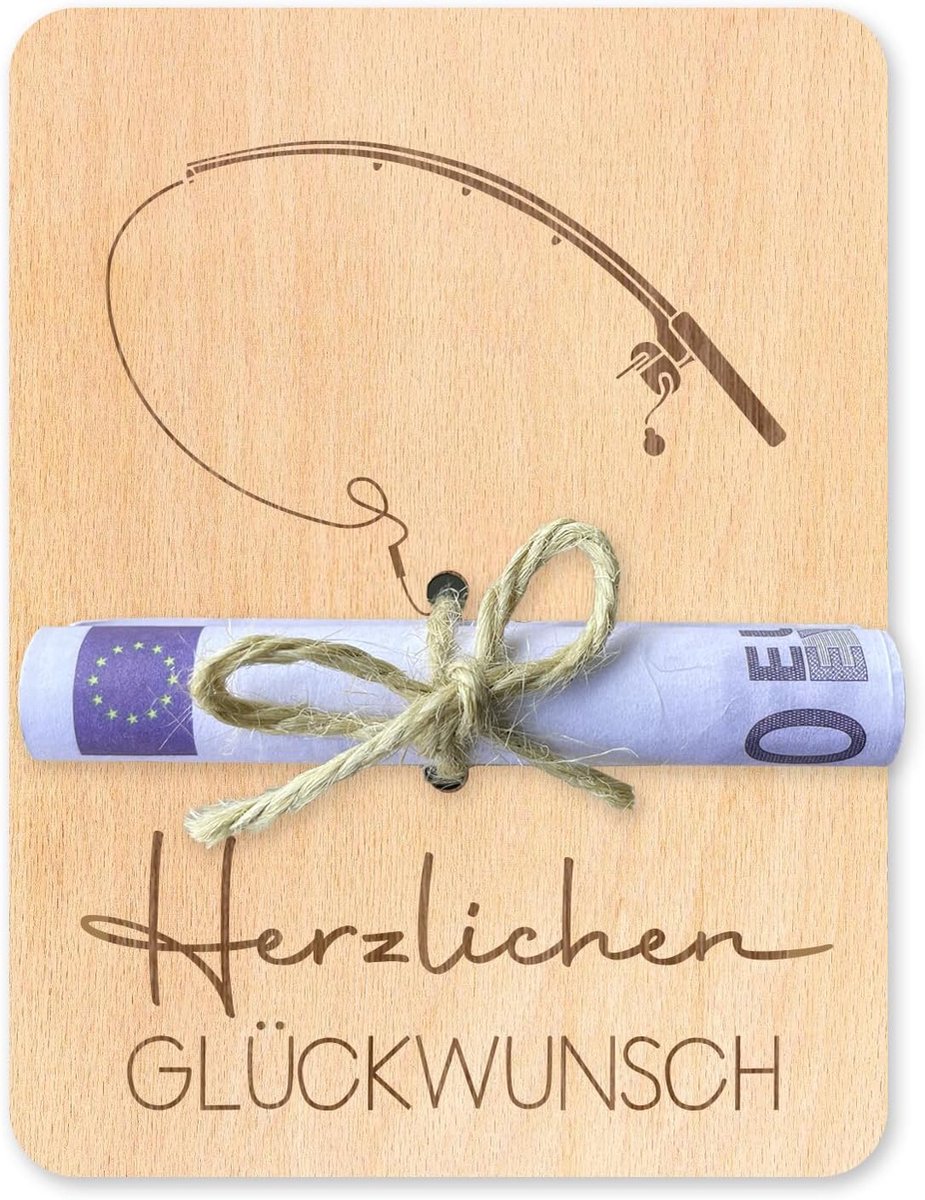Geldgeschenkverpakking van hout, 12 x 9 cm, wensvulling, geldcadeau, verjaardag, visserscadeau, fietscadeau, cadeaukaart, verjaardag, reisvoucher verpakking (hengel)