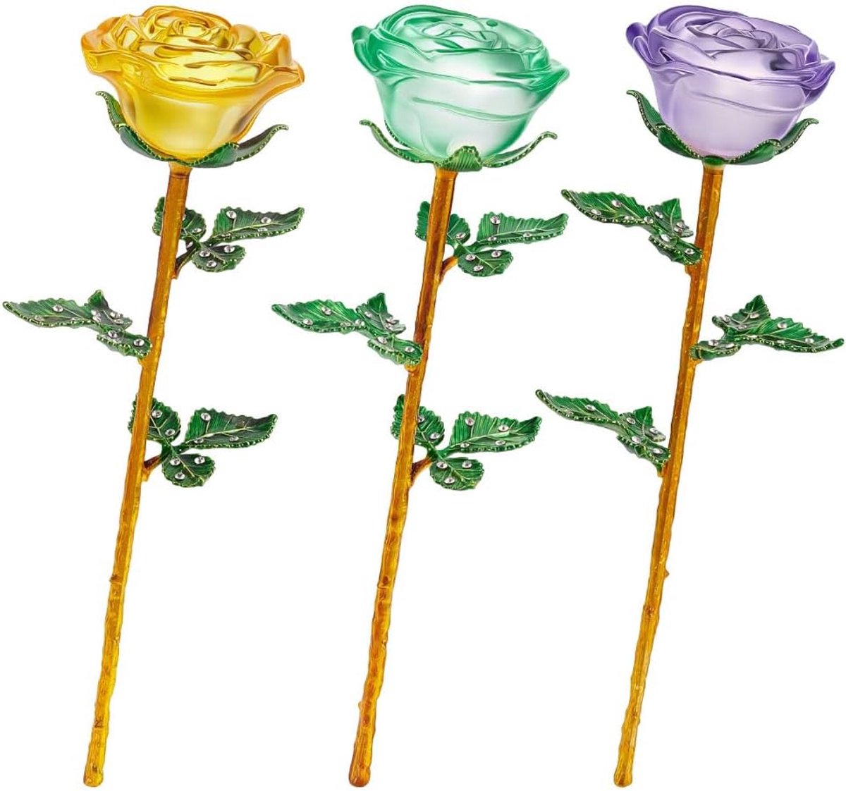 3 kristallen rozen 9,8 inch kristallen bloem met kunstmatige rozensteel van glas, tweekleurig kristal, met groen blad, valentijnsdagfiguren voor dames, bruiloft, Valentijnsdag