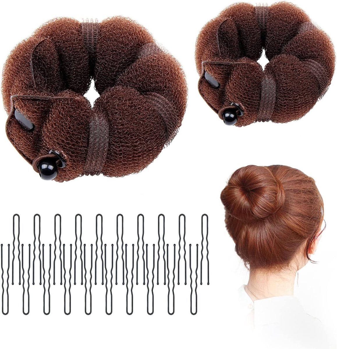 2 stuks broodjesmakers voor haar, bruine spons donut ring styler broodjes makers, gemakkelijk broodjesmakersgereedschap met drukknopen en haarband, doe-het-zelf broodjesstyling, 2 maten, met 20 stuks