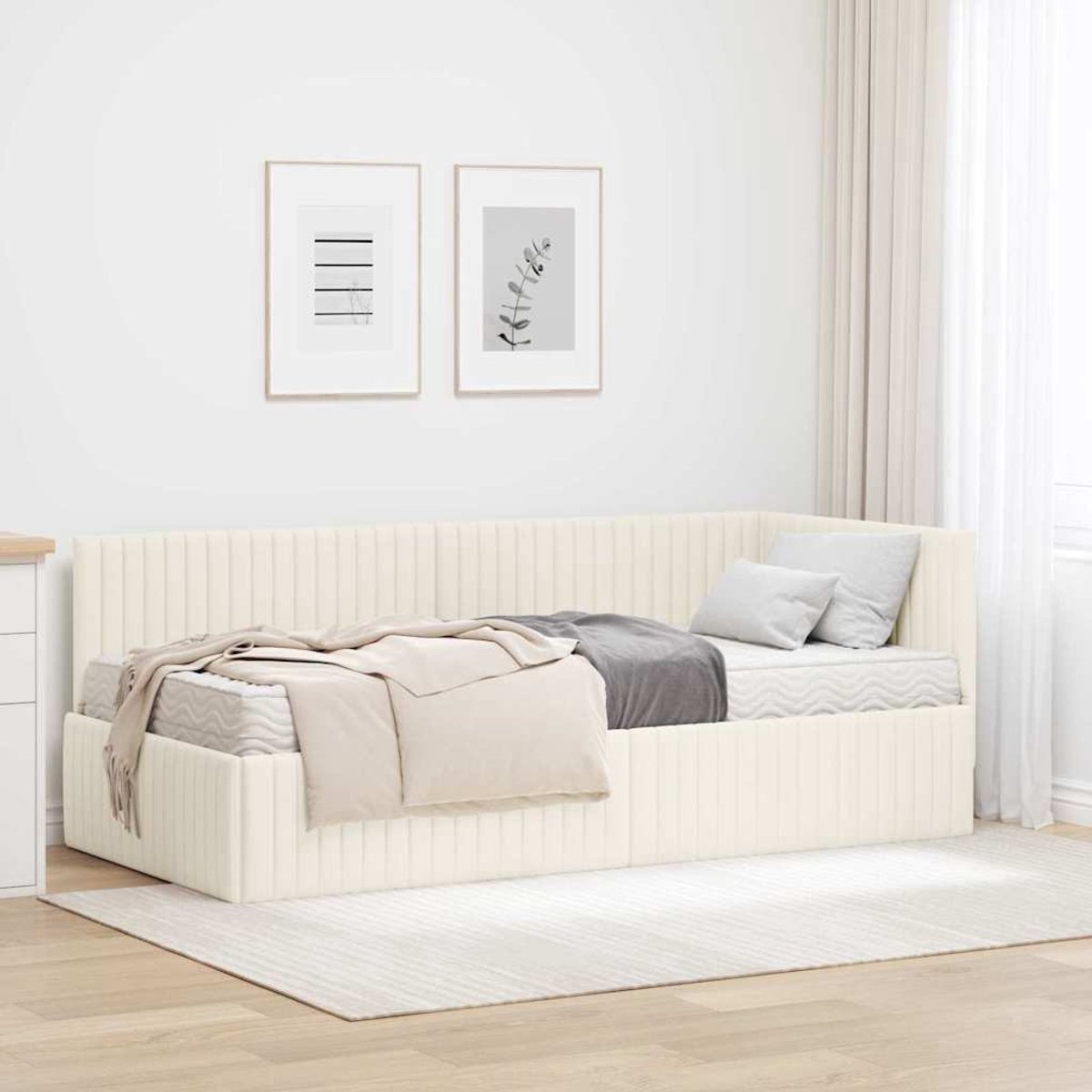 vidaXL Hoekbedframe - met - Matras - 2 - st - Crème - 90 - x - 190 - cm - Fluweel