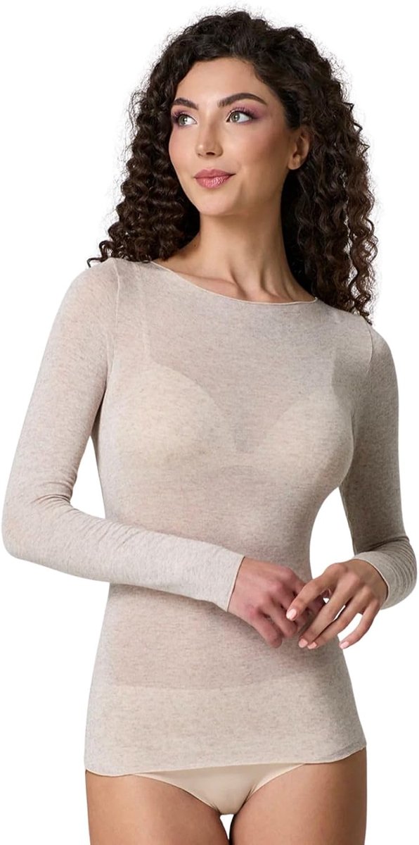 Dames-T-shirt met lange mouwen van modal en kasjmier, boothals, zacht en warm, effect als een tweede huid, licht ultralicht, soepel ondergoed