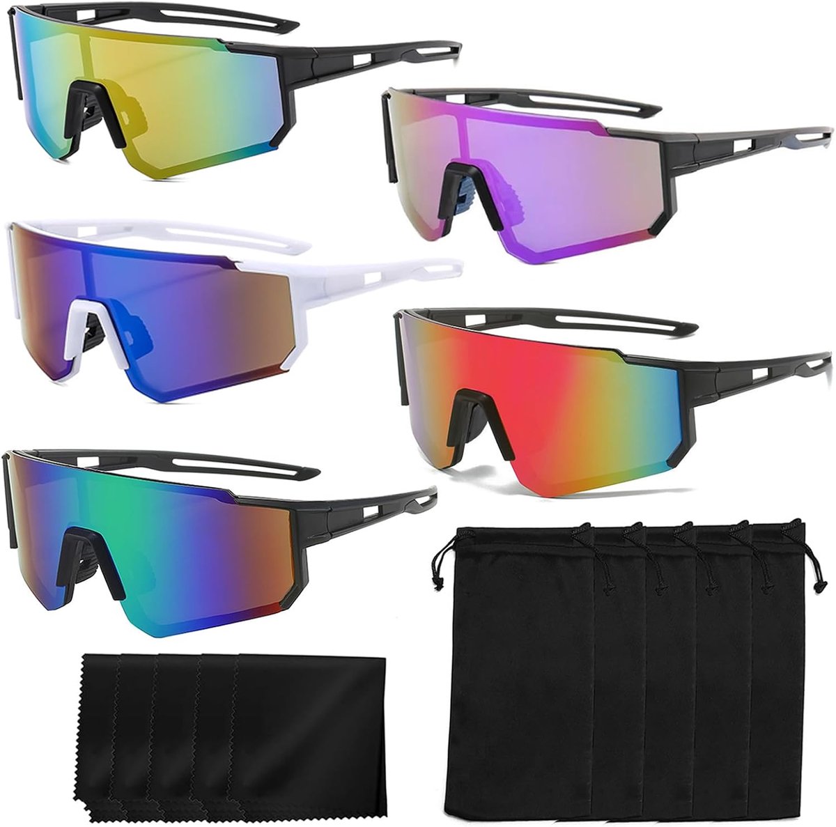 5 stuks gepolariseerde fietsbril, sportbril, zonnebril, UV400-veiligheidsbril, fietsbril, winddicht, sportzonnebril voor outdooractiviteiten zoals fietsen en hardlopen