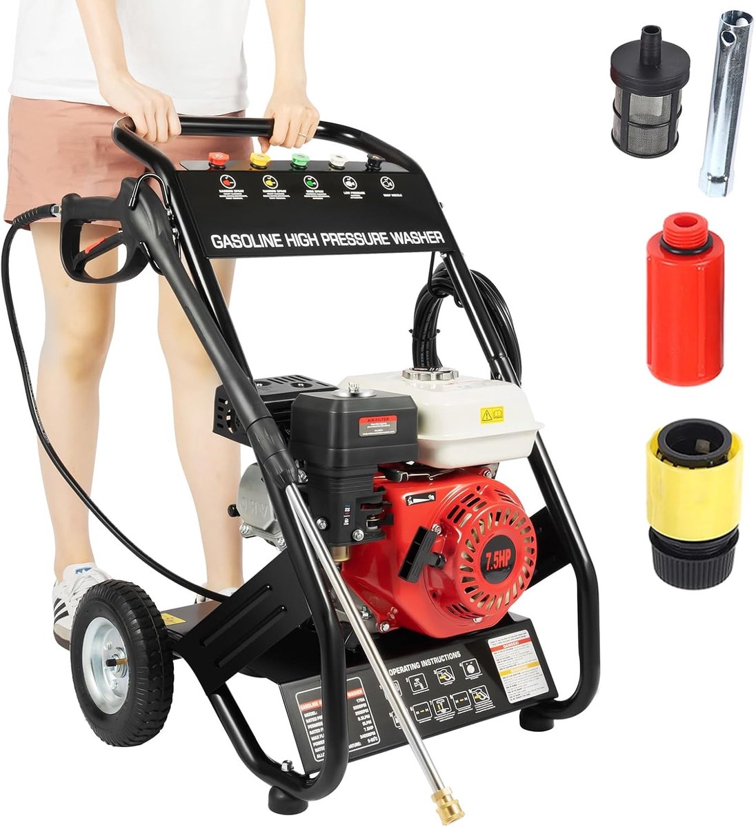 7,5 pk hogedrukreiniger op benzine, 170-190 bar, terrasreiniger, drukreiniger voor het reinigen van dekken, binnenplaatsen, terrassen, opritten, auto's, afwateringsgraven