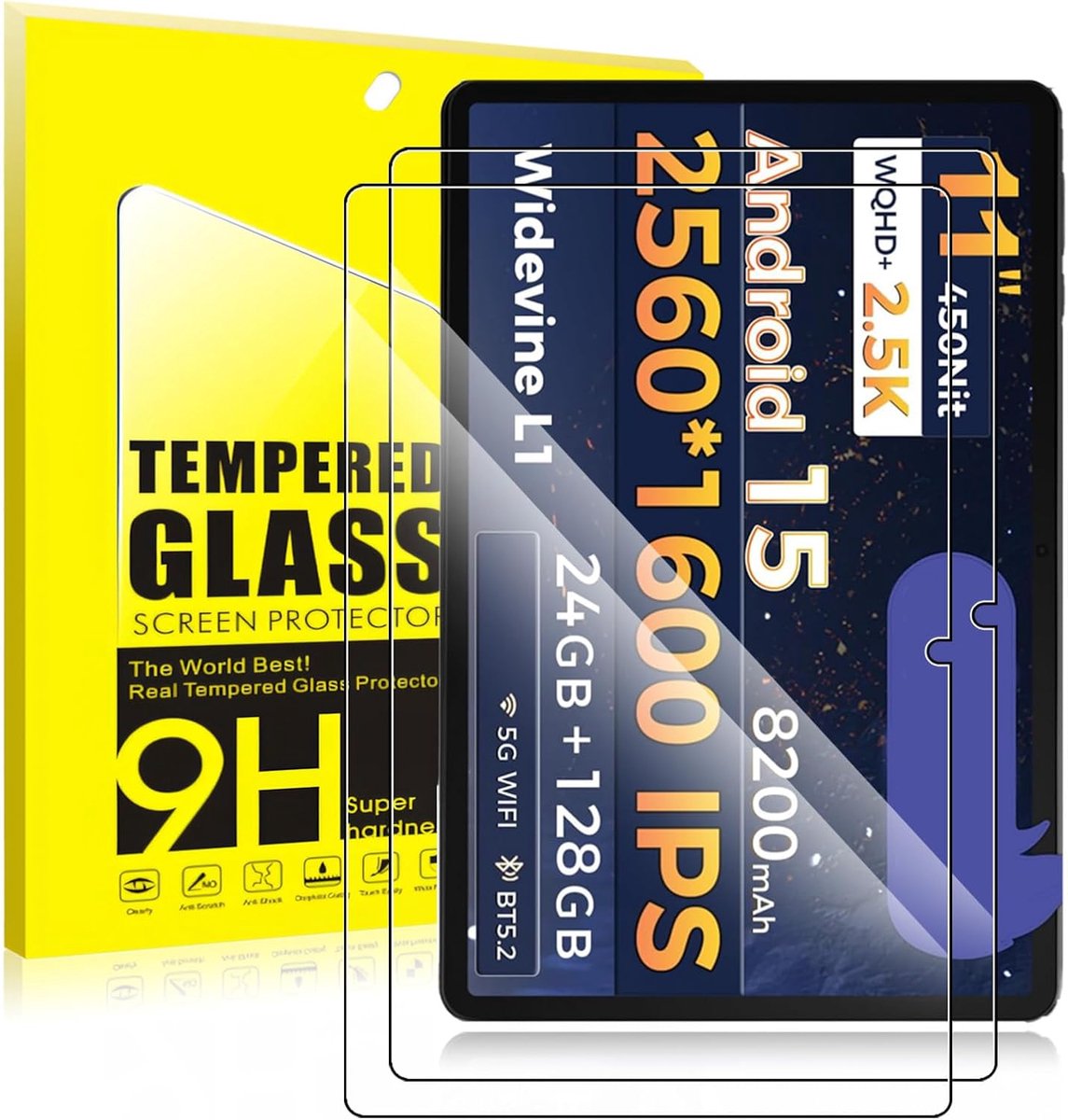 Set van 2 displaybeschermfolie van gehard glas voor RebotAi A11 11 inch tablet, hardheidsgraad 9H, krasbestendig, olieafstotend en vingerafdrukbestendig, luchtbelvrij, eenvoudige installatie