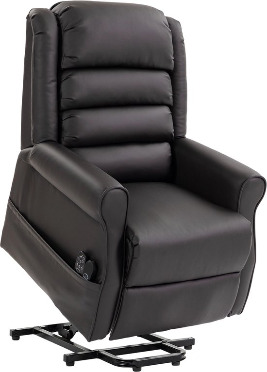 Zwarte leren sta-op-fauteuil met gestructureerde rugleuning en verstelbare voetsteun.