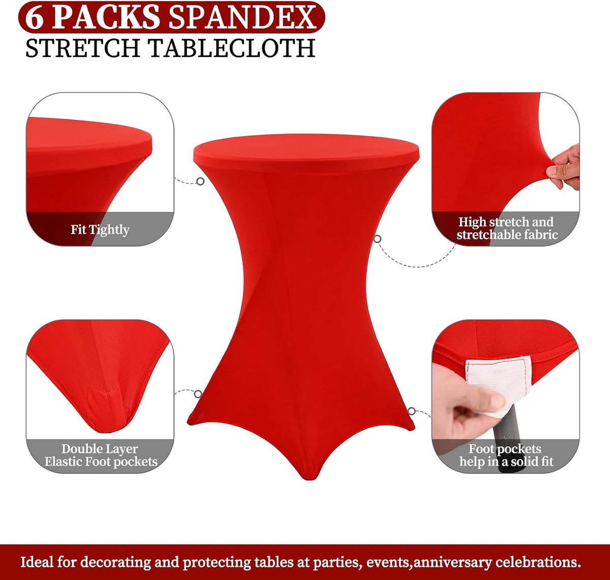 6 Pack spandex stretch cocktailtafelhoezen voor bistrotafels Ø 80-85 cm, rood rond cocktailtafelkleed, spandex stretch bartafelhoezen voor ronde bartafels (80 × 110 cm, rood)