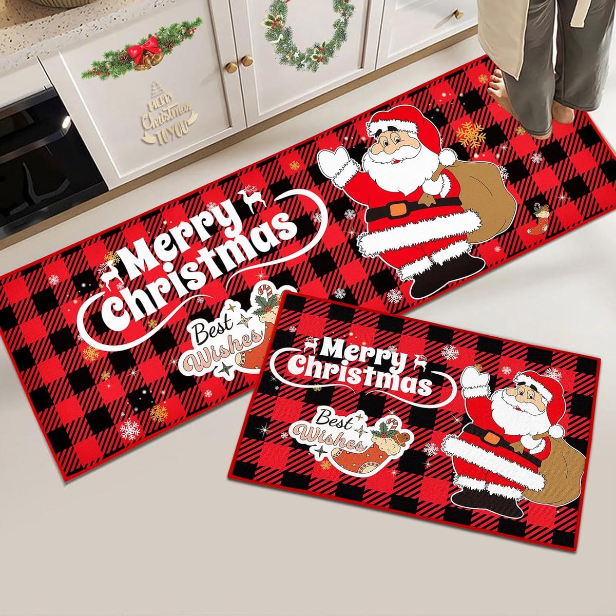Keuken Tapijten Set van 2, Antislip Keukenmatten Deurmat, Absorberen Water en Olie, Kerstman Sneeuwpop Keukenloper set voor Kerstmis (Kerst Rood D, 43 x 150 cm + 43 x 75 cm)