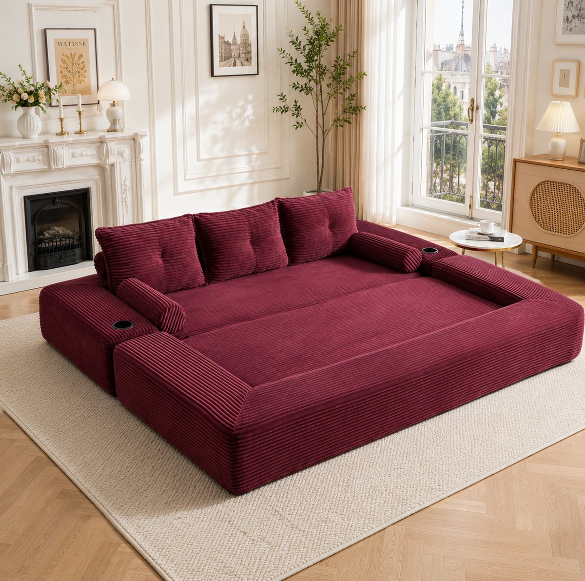 COVREO Slaapbank 3-zits met zijvakken – 232x98x80 cm – Uitklapbare sofa met bekerhouder – Zitmeubel met memory-kussens – Wijnrood
