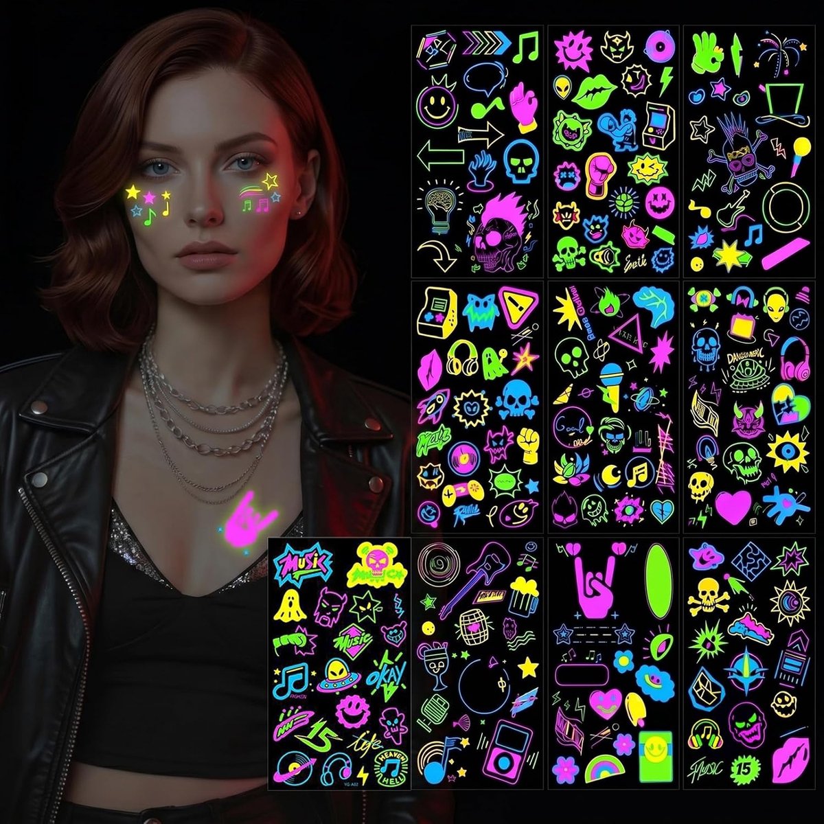 Tijdelijke tatoeages, glow in the dark blacklight party tatoeages voor volwassenen en kinderen, waterdichte fluorescerende plaktatoeages voor festival, rave, carnaval, 9,7 x 17,2
