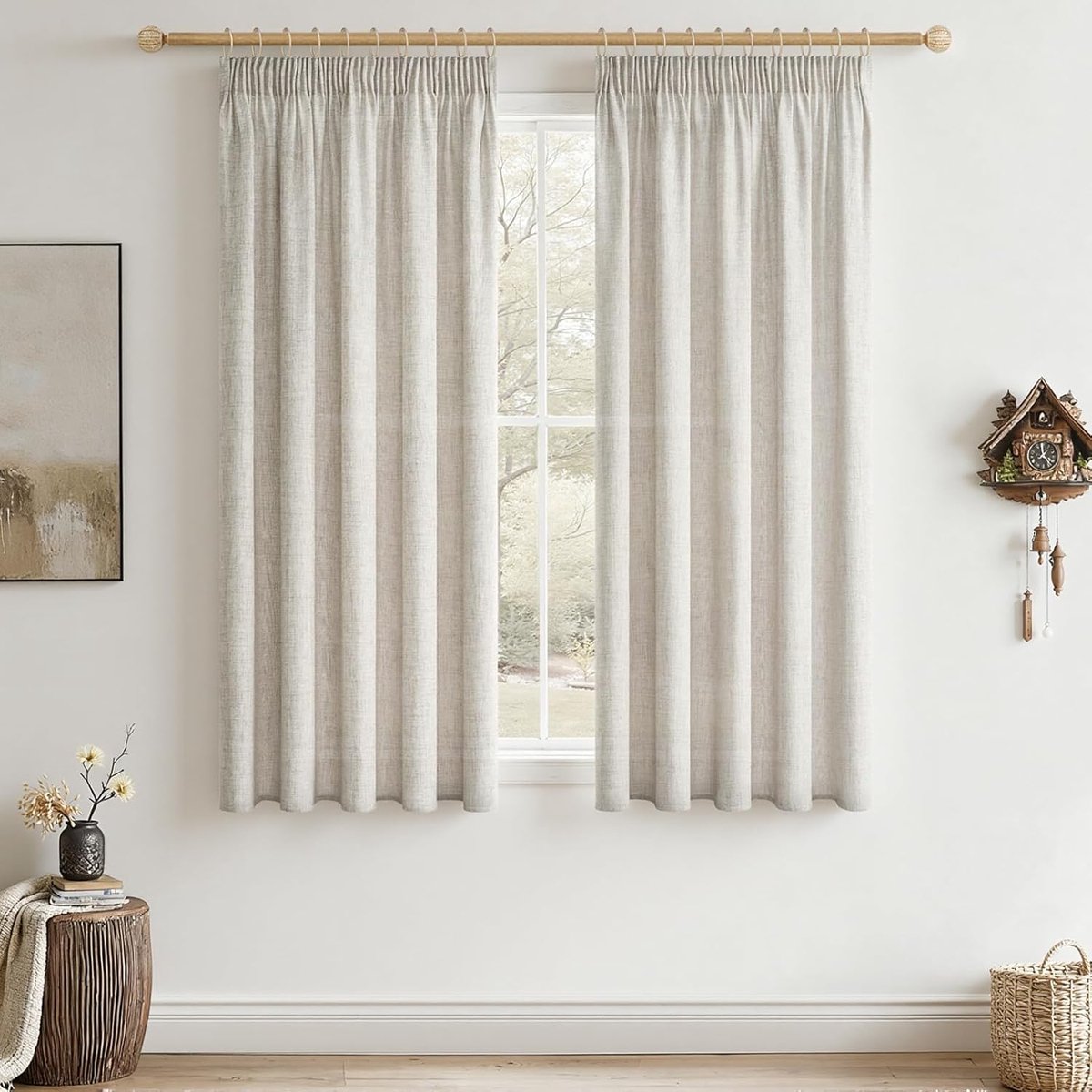 Gordijnen met plooiband, linnen gordijn, woonkamer, modern, korte gordijnen, 120 x 140 cm (h x b), gordijn, linnenlook, gordijnen, halftransparant, voor ramen en slaapkamer, set van 2