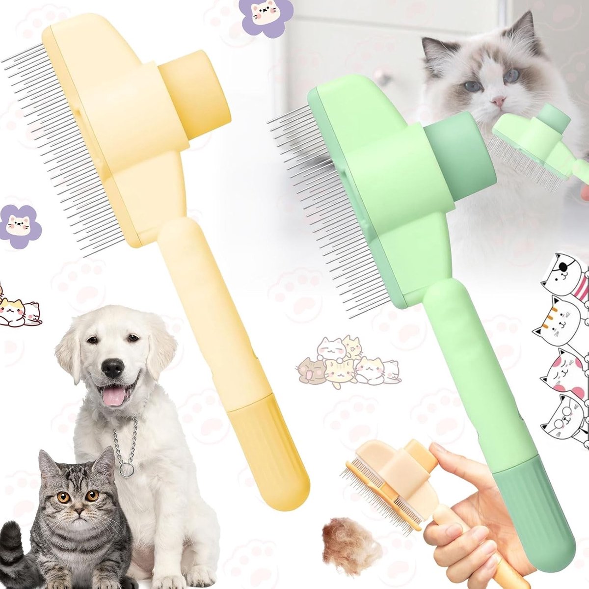 Zelfreinigende Kattenkam Set - 2 Stuks, Vlooienkam voor Kat en Hond, Dierverzorging en Vachtverzorging Accessoires