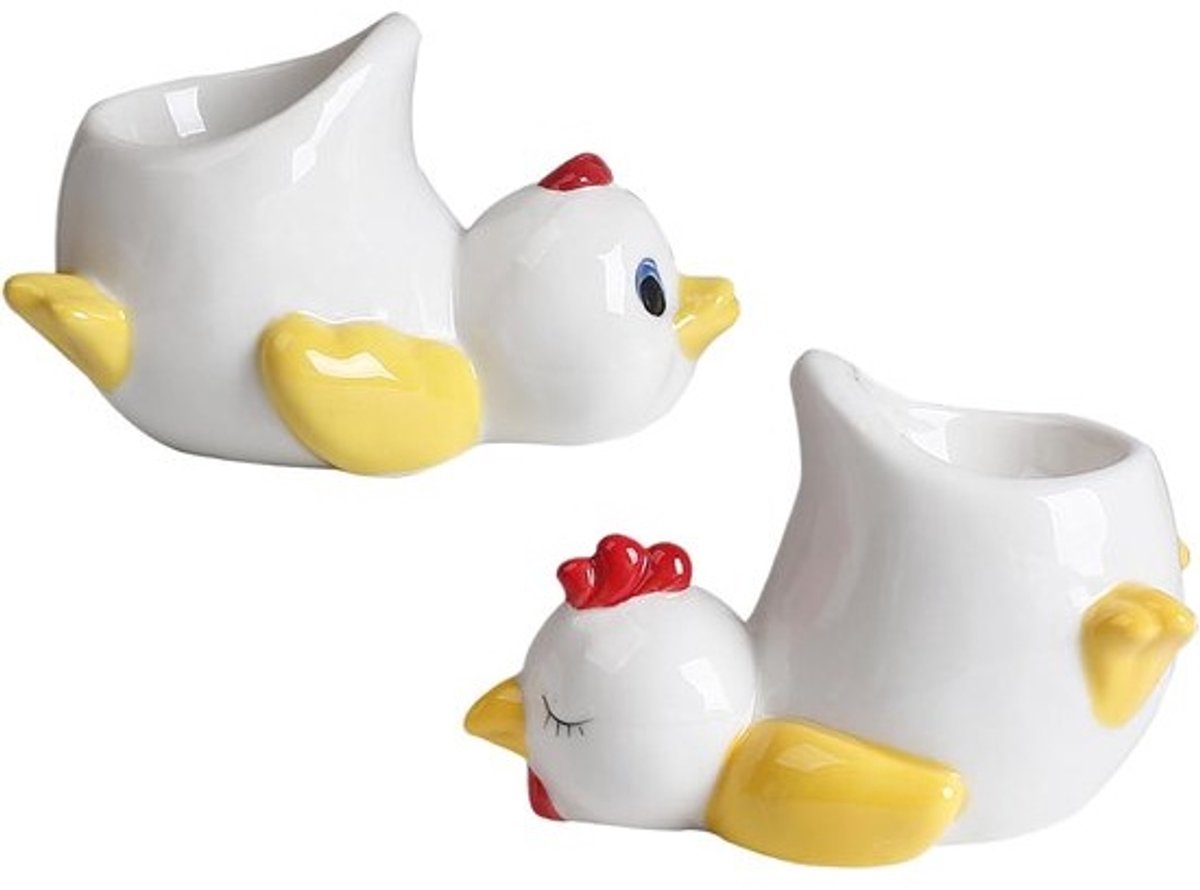 Grappige eierdopjes - Keramische eierhouders - Ontbijt tafeldecoratie - Set van twee - Kip 11cm Eend 10cm - Meerkleurig