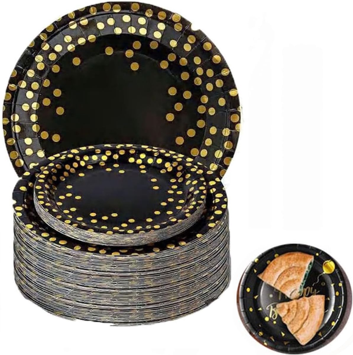 50 wegwerpborden voor verjaardag, zwart en goud, papieren servies voor feest, bruiloft, Kerstmis, BBQ, camping, decoratie, party, elegant en milieuvriendelijk