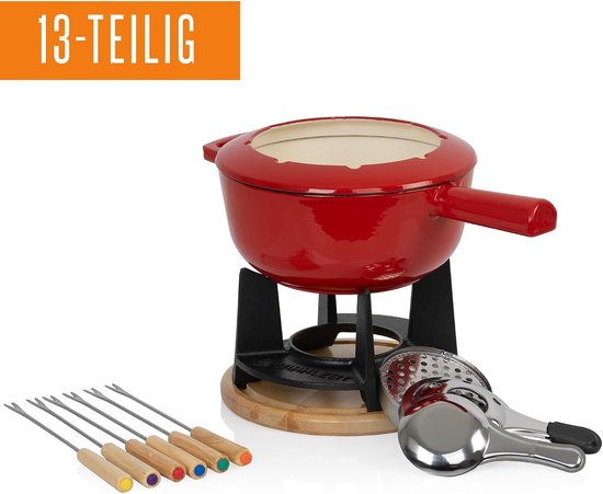 Gietijzeren fondueset voor 6 personen | 2 liter | fondueset 13-delig met brander en vorken | fondueset, kaasfondueset, vleesfondueset, chocoladefondueset (rood geëmailleerd) — afbeelding 2