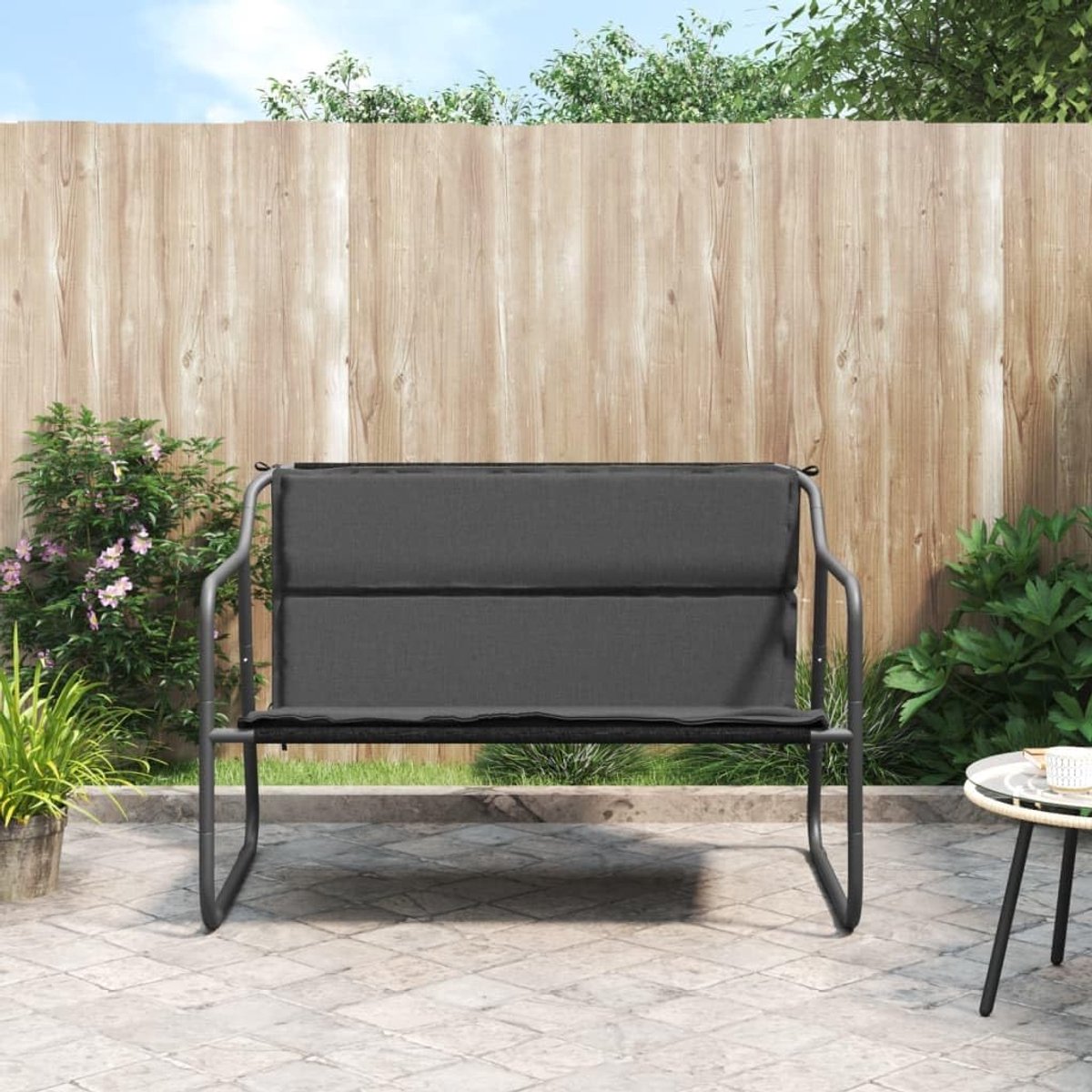2-zits tuinbank met kussen, outdoorbank, zitbank, outdoor bank in de vrije tuinbank, weerbestendig, tuinmeubelen, bank, geschikt voor tuin, achtertuin, terras, antraciet staal