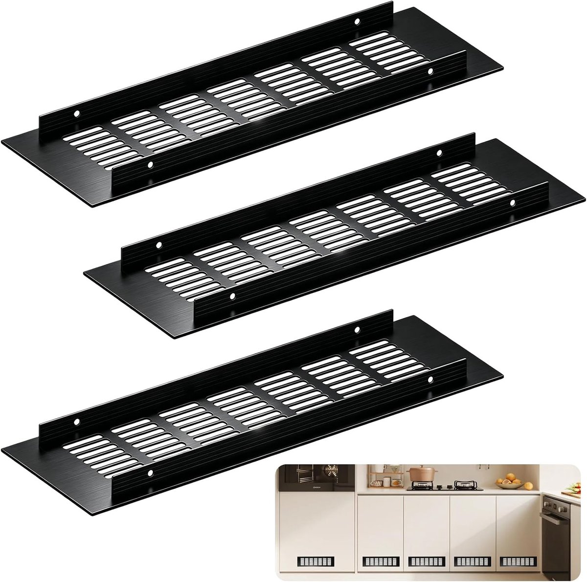 3 stuks ventilatieroosters, rechthoekig, 30 x 8 cm, aluminium ventilatierooster, zwart, aluminium ventilatierooster voor schoenenkast, badkamer, keuken, koelkast