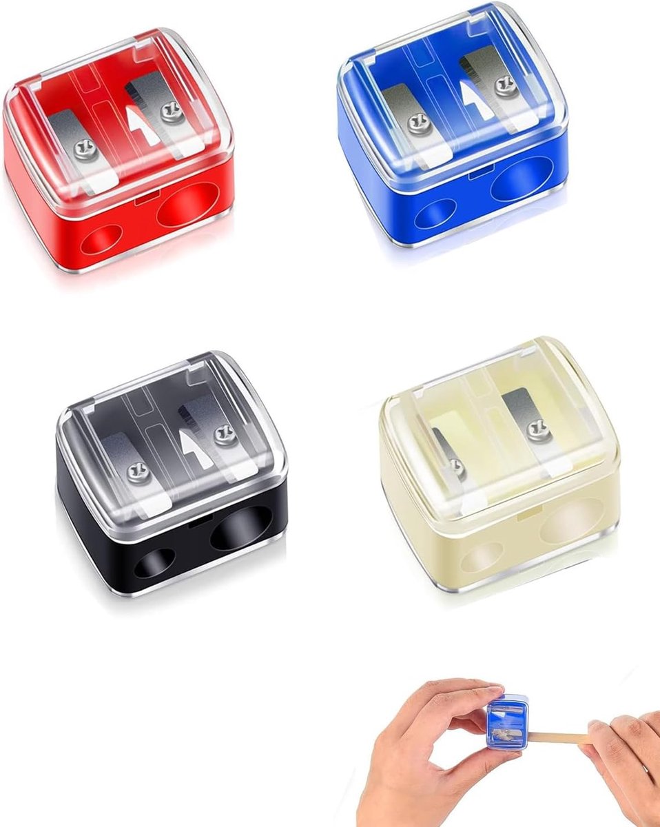 Puntenslijper, 4 stuks, 4 kleuren, dubbele puntenslijper met doos, nauwkeurig slijpen voor dikke en dunne stiften, kindveilig design voor school en kantoor
