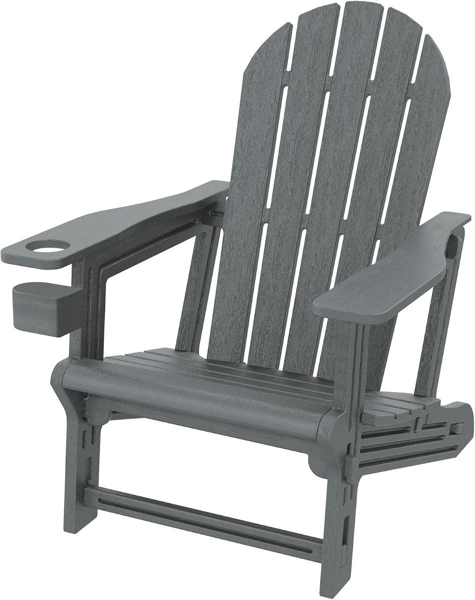 Adirondack-loungestoel met bekerhouder Grijs kunststof houtlook comfortabele tuinstoel kliksysteem weerbestendig ergonomisch stevig duurzaam voor tuin terras balkon buiten outdoor stoel