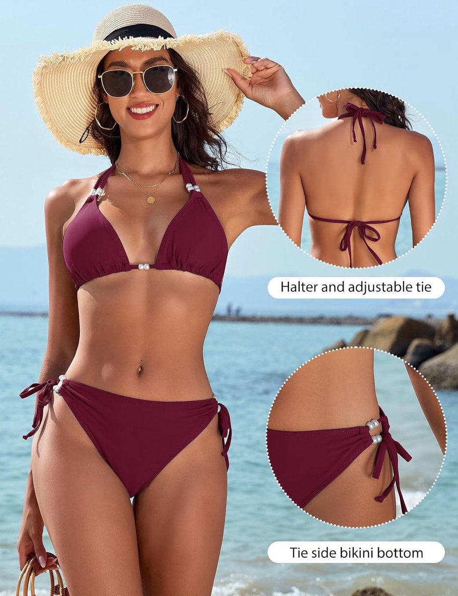 Bikini Dames Set Sexy String Bikini Halter Bikini Sets Tweedelig Badpak Push Up Badpakken met Parels Tanga Badmode Verstelbaar