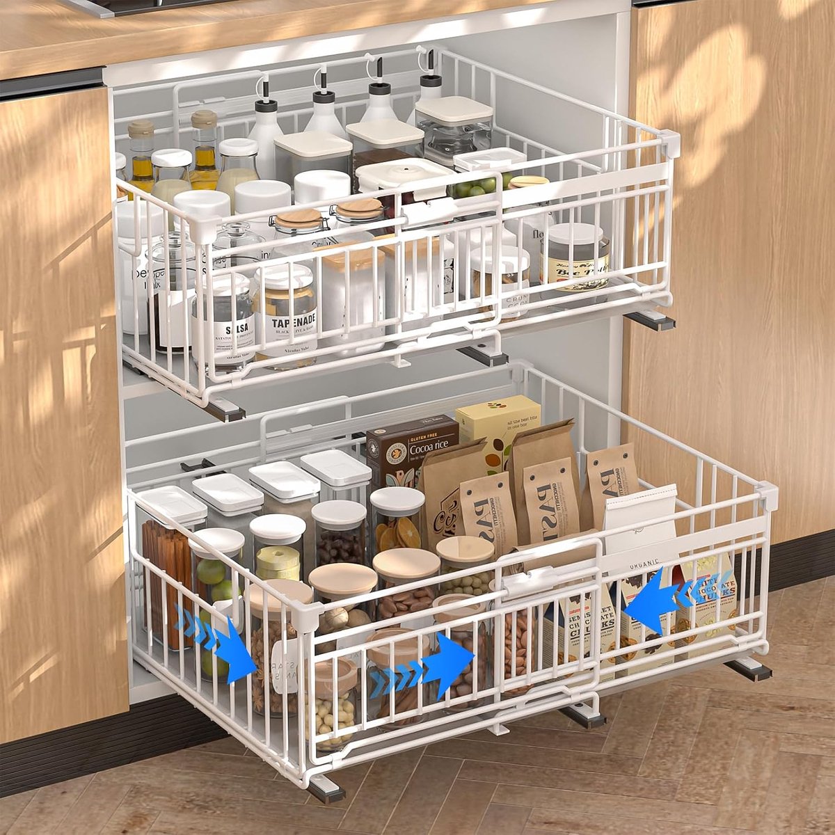 Lade, keuken, telescopische lade, 2 stuks, lade-organizer, keuken, zonder boren, uittrekbare lade, eenvoudige installatie, instelbare breedte (32,5-50) x 38 x 17 cm, wit