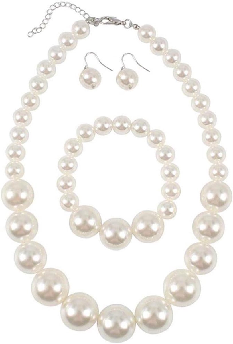 Ketting Statement Ronde Witte Gesimuleerde Parel Choker Gelaagde Kunstmatige Parel 20s Flapper Ketting Sierlijke Lange Kettingen voor Bruiloft Gatsby Party met Armband Oorbellen