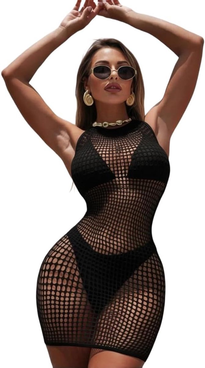 Babydolls & negligees voor dames, zwart, nauwsluitende rok en mesh-bovendeel