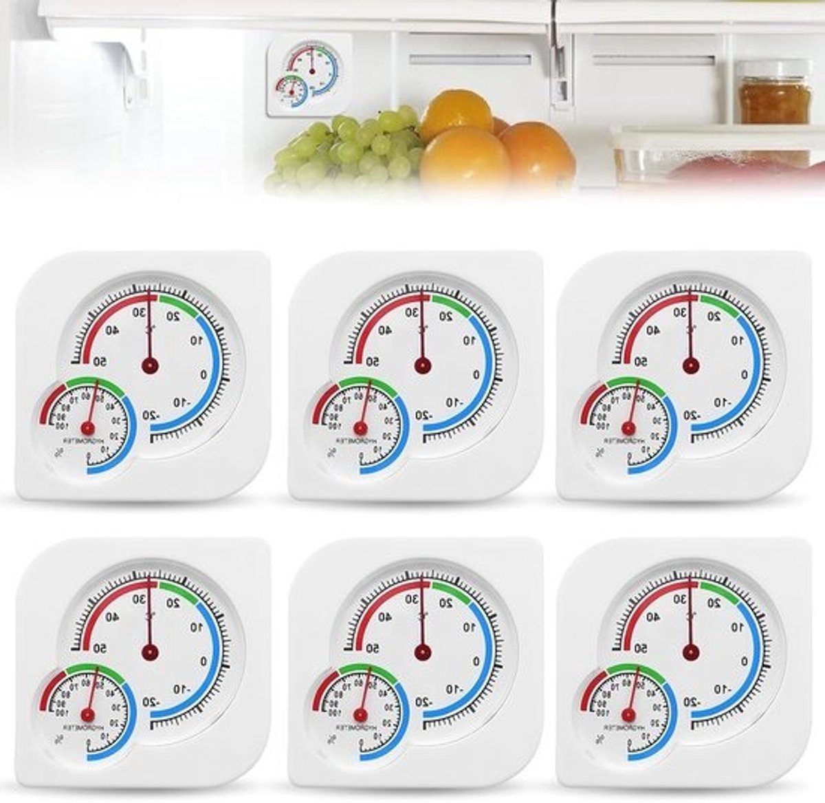 Set van 6 Analoge Thermo-Hygrometers - 2-in-1 Temperatuur- en Vochtigheidsmeter voor Binnen en Buiten, Ideaal voor Huizen en Kassen, 7.5 x 7.5 cm