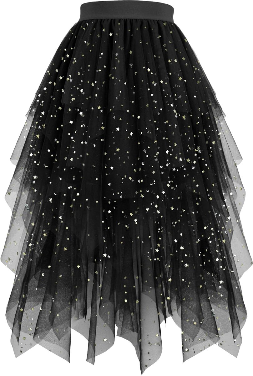 rok voor dames, lang, 80 cm, glitter tule rok voor dames, midi-zwart, elastische tule rok, hoge taille, A-lijn, glitter tutu, rok voor carnavalskostuums, kostuum, heks cosplay