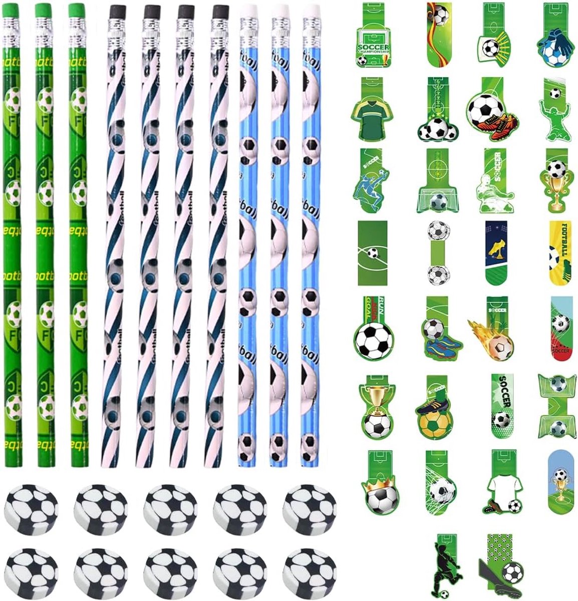 30 stuks bladwijzers, voetbal, gadget voetbal, kleine cadeaus voor jongens, studenten, vrienden, voetbalfans, boekliefhebbers, inclusief 10 potloden en 10 gummen