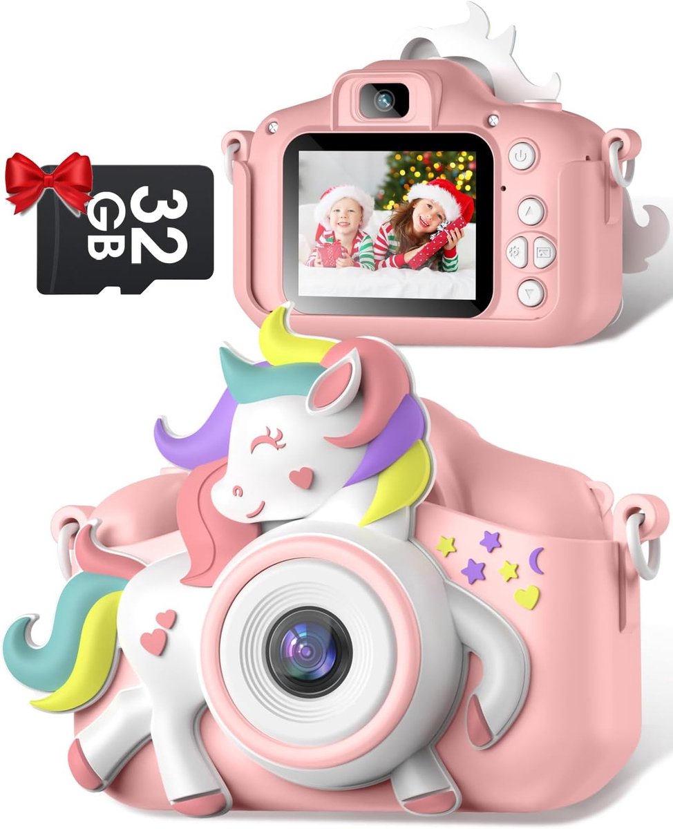 Gofunly kindercamera, 1080p, 2,0 inch scherm, selfie, digitale camera met 32 GB kaart, voor 3-12 jaar, jongens en meisjes, verjaardagscadeau, kerstcadeau, speelgoed, roze-wit paard