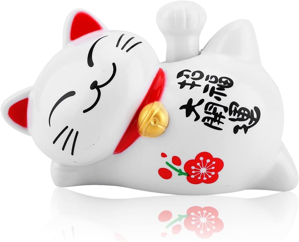Kat, Leuke Maneki Neko Lucky Cat Beeldjes Luie Liggen Waving Beckoning Zonne-aangedreven Fortune Fengshui Decor voor Thuis Auto Accessoires(#1)